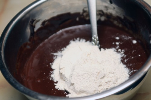 Mixing in the flour for the Cognac Chocolate Raspberry Lava Cakes